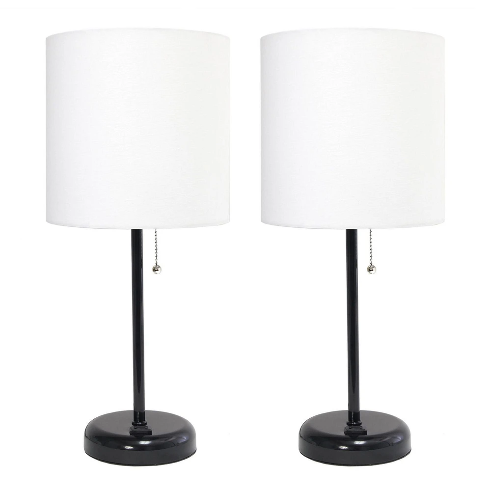 LimeLights Black Stick Lamp with Charging Outlet and Fabric Shade 2 Pack Set