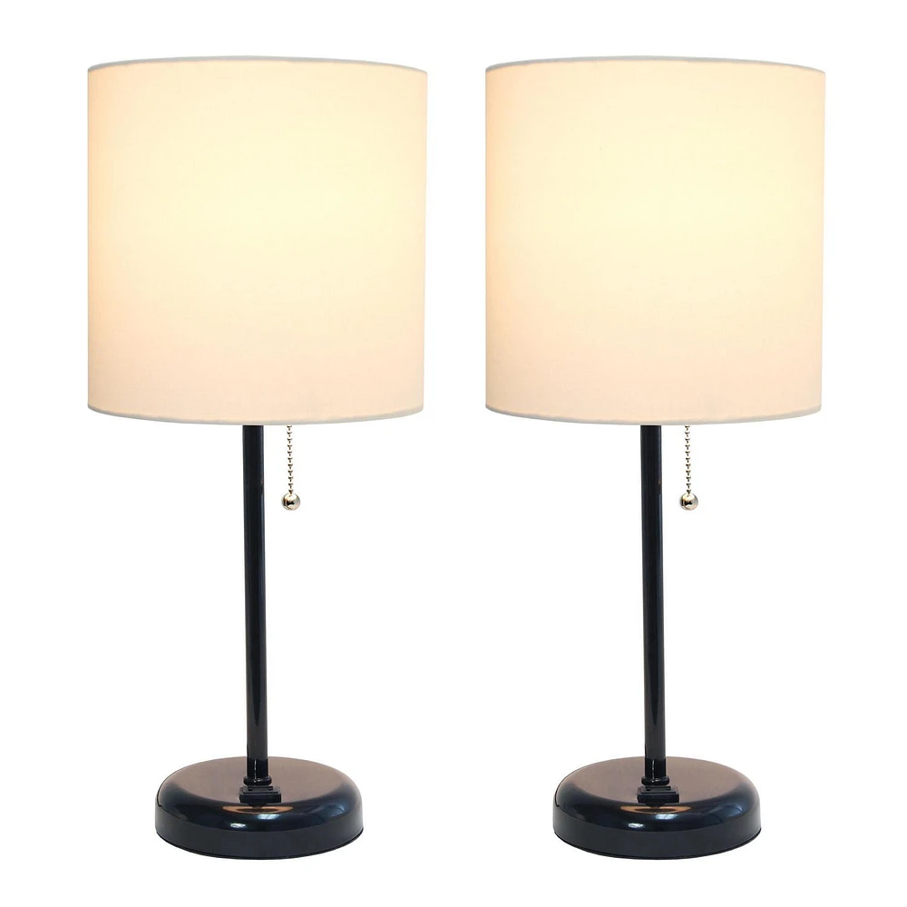 LimeLights Black Stick Lamp with Charging Outlet and Fabric Shade 2 Pack Set