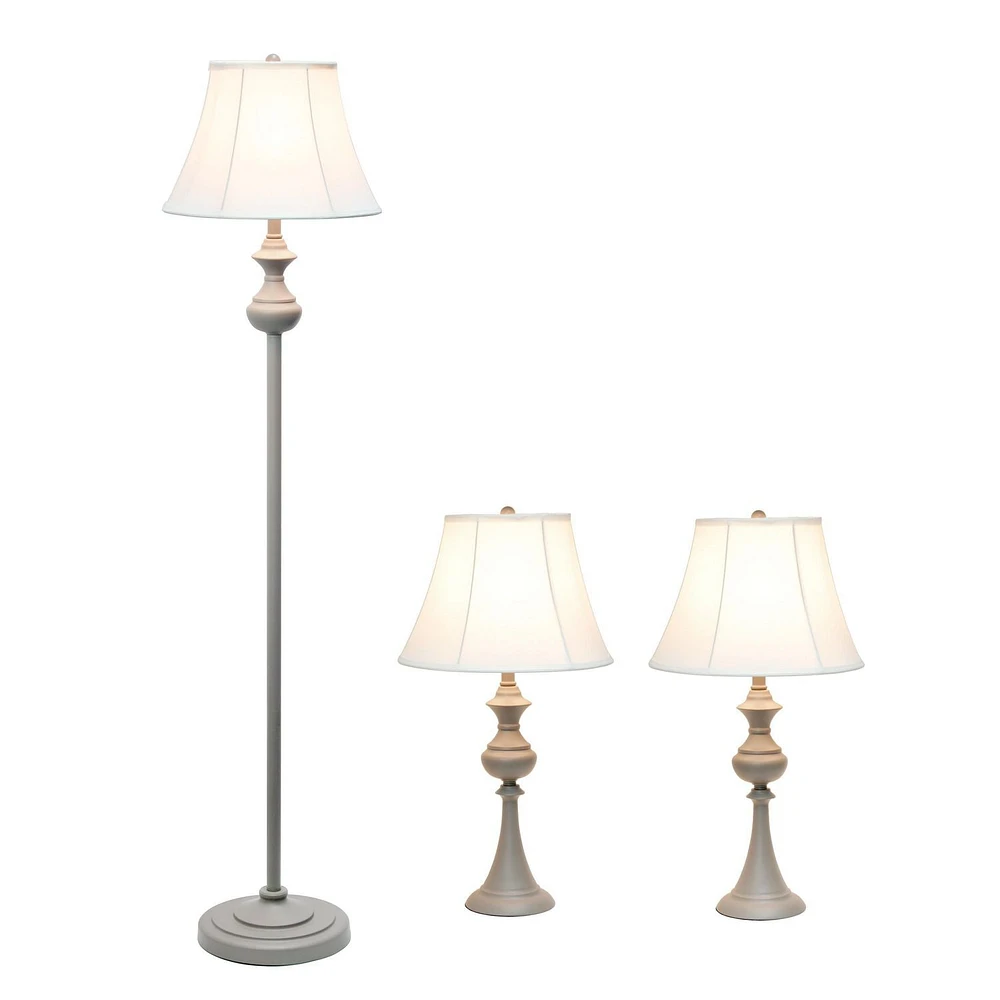 Elegant Designs Traditionally Crafted 3 Pack Lamp Set (2 Table Lamps, 1 Floor Lamp) with White Shades, Gray