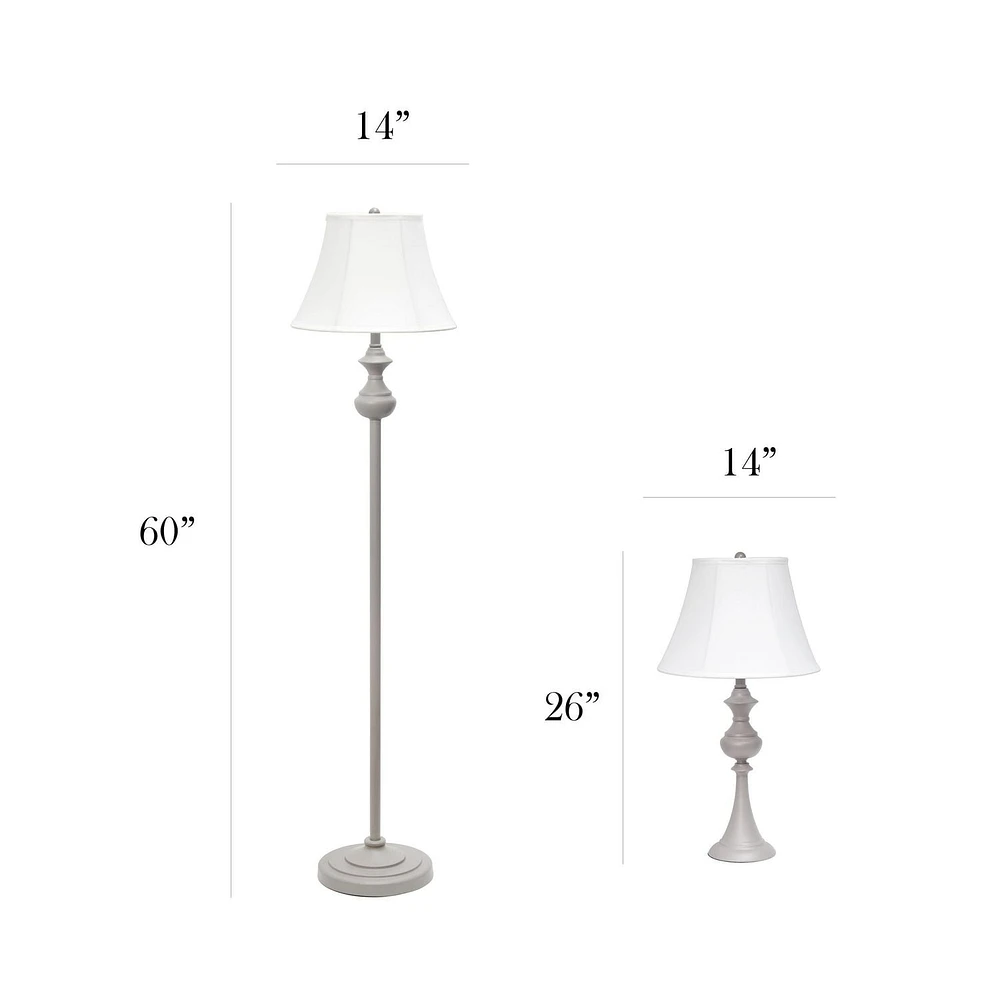 Elegant Designs Traditionally Crafted 3 Pack Lamp Set (2 Table Lamps, 1 Floor Lamp) with White Shades, Gray