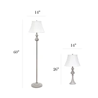 Elegant Designs Traditionally Crafted 3 Pack Lamp Set (2 Table Lamps, 1 Floor Lamp) with White Shades, Gray