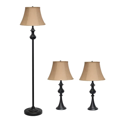 Elegant Designs Traditionally Crafted 3 Pack Lamp Set (2 Table Lamps, 1 Floor Lamp) with Tan Shades, Restoration Bronze