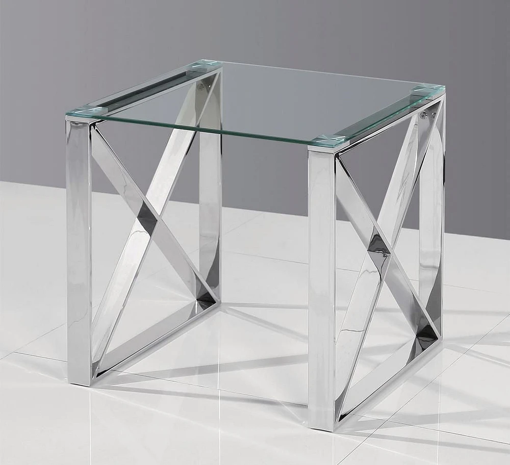 K-LIVING PATEK END TABLE WITH CLEAR GLASS TOP & CHROME POLISHED STAINLESS STEEL BASE