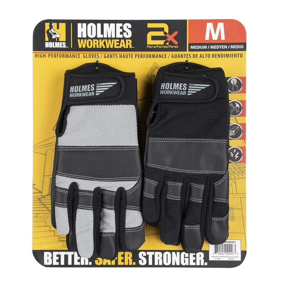 Holmes Synthetic Work Gloves PU Palm Combo 2PK SZ.M