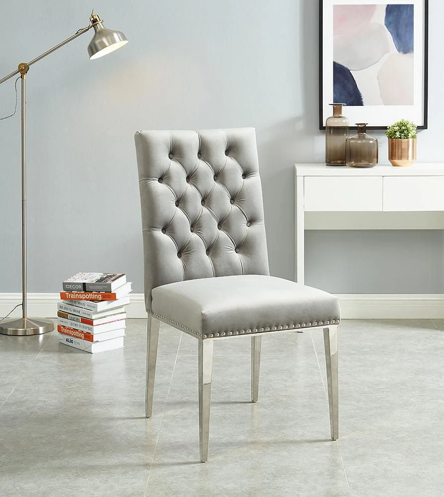 K-LIVING Regan Tufted Velvet Chair in Grey with Stainless Steel Legs (Set of 2)