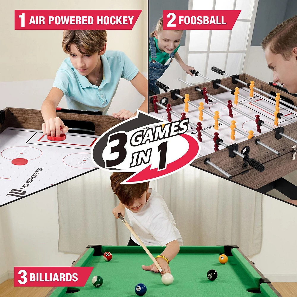 48 in. Combo Game Table, Air Hockey, Foosball and Billiards, Multi Game Table by MD Sports, Air Powered Hockey, Foosball and Billiards