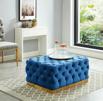 K-LIVING Portia Tufted Velvet Ottoman in Navy Blue with Stainless Steel Brush Gold Base