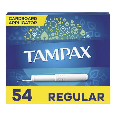 Tampax Cardboard Tampons Regular Absorbency, Anti-Slip Grip, LeakGuard Skirt, Unscented, 54 Tampons