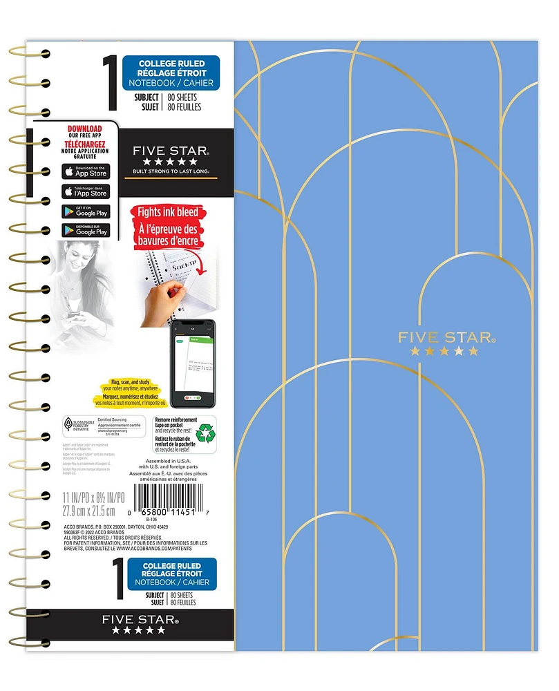 Five Star® Align Notebook 1 sub, 80 ct, Blue, Notebook