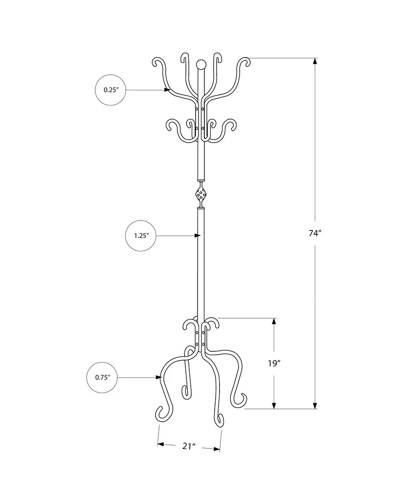 Monarch Specialties Coat Rack, Hall Tree, Free Standing, 8 Hooks, Entryway, 74"h, Bedroom, Metal, Black, Transitional