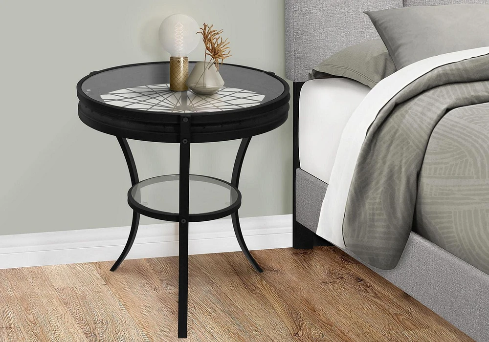 Monarch Specialties Accent Table, Side, End, Nightstand, Lamp, Round, Living Room, Bedroom, Clear Tempered Glass, Black Metal, Transitional