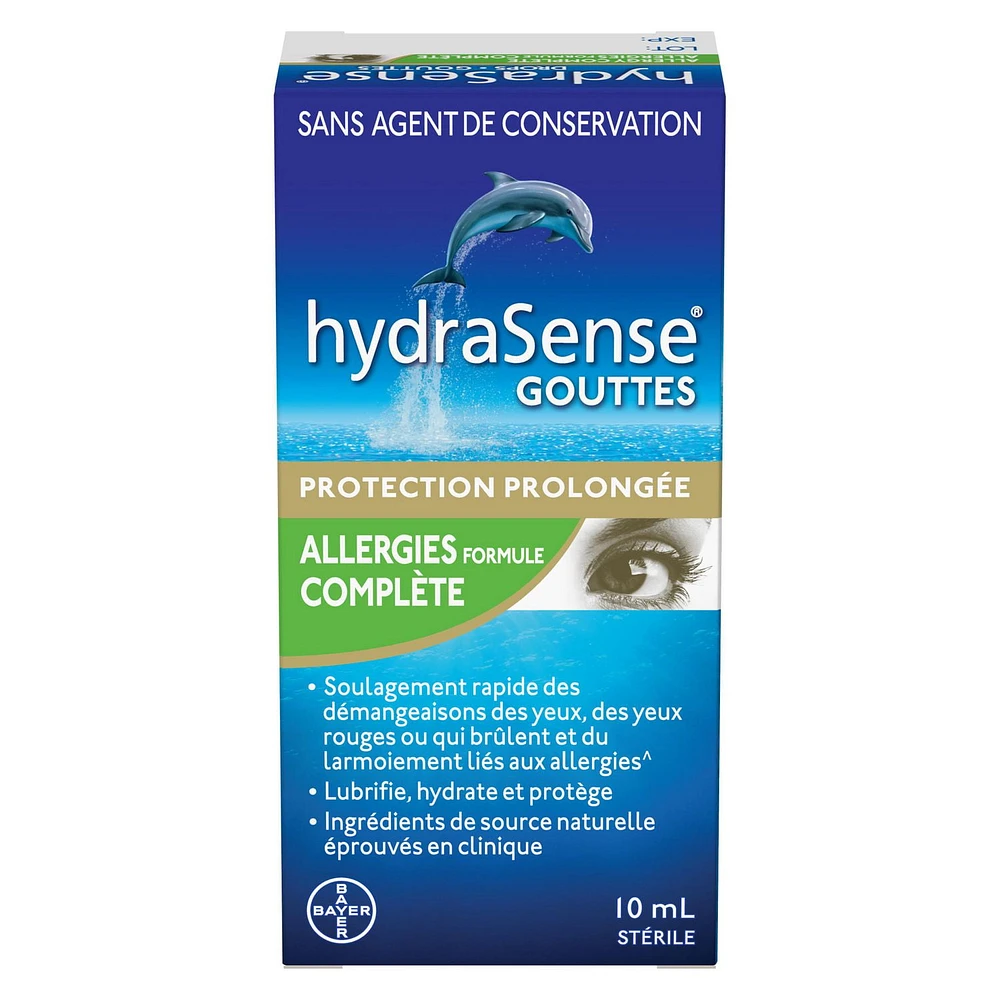 hydraSense Allergies formule complète – Gouttes oculaires sans agent de conservation contre les symptômes de sécheresse oculaire et d’allergie 10 ml