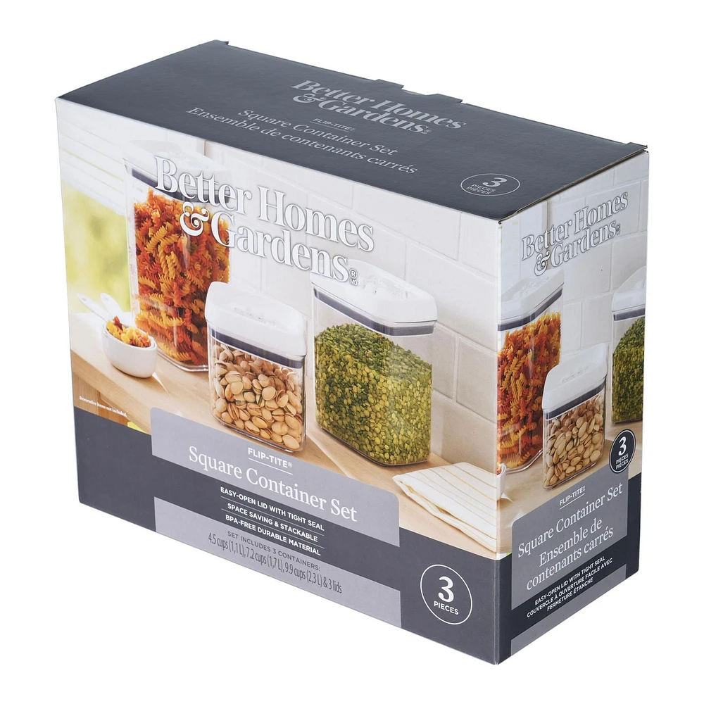 Better Homes & Gardens Flip-Tite® Square Container Set, 3 Pieces, Capacity: 1.1L, 1.7L & 2.3L