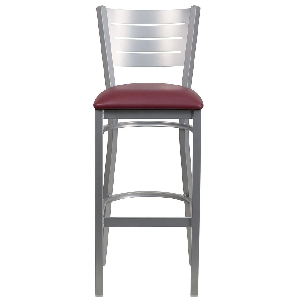 HERCULES Series Silver Slat Back Metal Restaurant Barstool - Burgundy Vinyl Seat