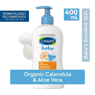 Cetaphil Baby Wash And Shampoo with Organic Calendula | Tear Free | Paraben, Colourant and Mineral Oil Free | 400ml Pump