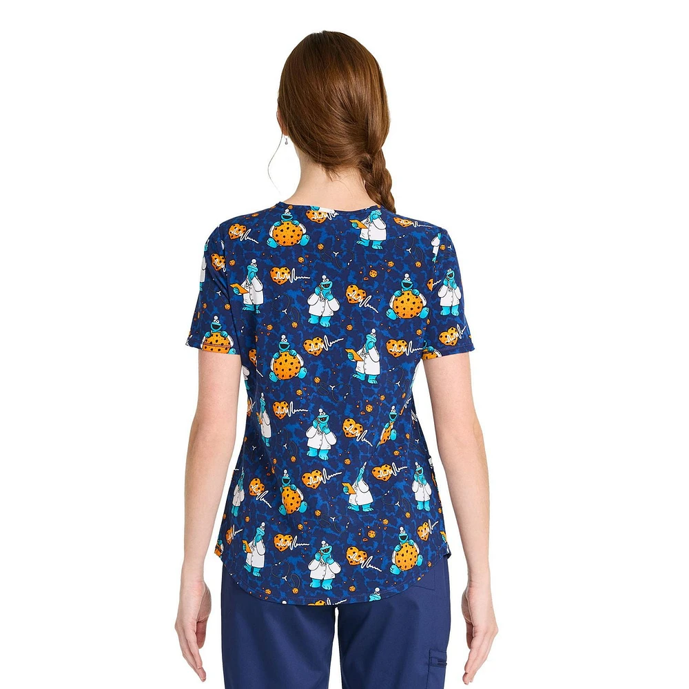 Sesame Street Cookie Monster Doctor Cookies Women's V-Neck Print Scrub Top