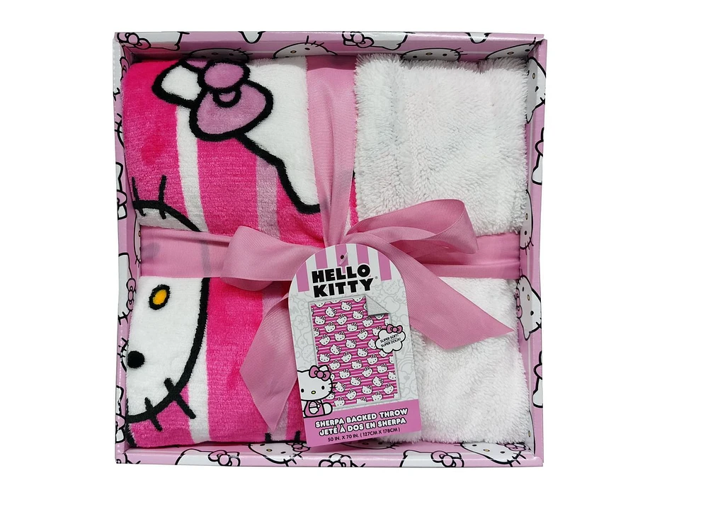 Hello Kitty 'Pink Stripes' Silk Touch Sherpa Throw Blanket in Gift Box, 100% Polyester