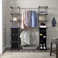 MAINSTAYS Closet Organizer with Storage, 2-Tower 9-Shelves, Easy to Assemble, Black, Assembled size: 67in. Wx19.5in. Dx 80in. H; Grey powder coating with black fabric accessories.