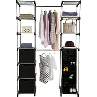 MAINSTAYS Closet Organizer with Storage, 2-Tower 9-Shelves, Easy to Assemble, Black, Assembled size: 67in. Wx19.5in. Dx 80in. H; Grey powder coating with black fabric accessories.