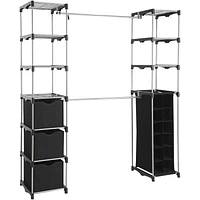 MAINSTAYS Closet Organizer with Storage, 2-Tower 9-Shelves, Easy to Assemble, Black, Assembled size: 67in. Wx19.5in. Dx 80in. H; Grey powder coating with black fabric accessories.