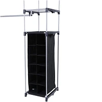 MAINSTAYS Closet Organizer with Storage, 2-Tower 9-Shelves, Easy to Assemble, Black, Assembled size: 67in. Wx19.5in. Dx 80in. H; Grey powder coating with black fabric accessories.