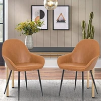 Burton Style Upholstered Faux Leather Dining Arm Chair in Tan, Dining PU Chair, Metal Black Legs Set 2