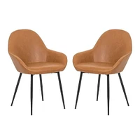 Burton Style Upholstered Faux Leather Dining Arm Chair in Tan, Dining PU Chair, Metal Black Legs Set 2