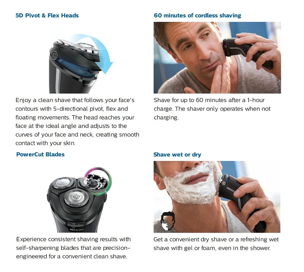 Philips Rasoir Électrique series 3000 Sec ou Humide  Avec Têtes Pivotantes 5D et Lames PoweCut, S3134/51