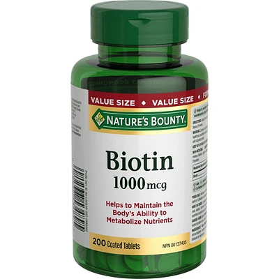 NATURE'S BOUNTY Biotin, 1000 mcg, Helps to Maintain the Body's Ability to Metabolize Nutrients, A Factor In The Maintenance Of Good Health, Value Size, Coated Tablets 200.0 count, 200 Tablets