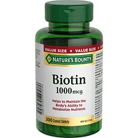 NATURE'S BOUNTY Biotin, 1000 mcg, Helps to Maintain the Body's Ability to Metabolize Nutrients, A Factor In The Maintenance Of Good Health, Value Size, Coated Tablets 200.0 count, 200 Tablets
