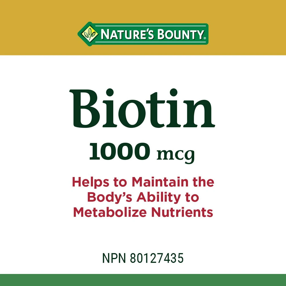NATURE'S BOUNTY Biotin, 1000 mcg, Helps to Maintain the Body's Ability to Metabolize Nutrients, A Factor In The Maintenance Of Good Health, Value Size, Coated Tablets 200.0 count, 200 Tablets