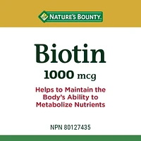 NATURE'S BOUNTY Biotin, 1000 mcg, Helps to Maintain the Body's Ability to Metabolize Nutrients, A Factor In The Maintenance Of Good Health, Value Size, Coated Tablets 200.0 count, 200 Tablets