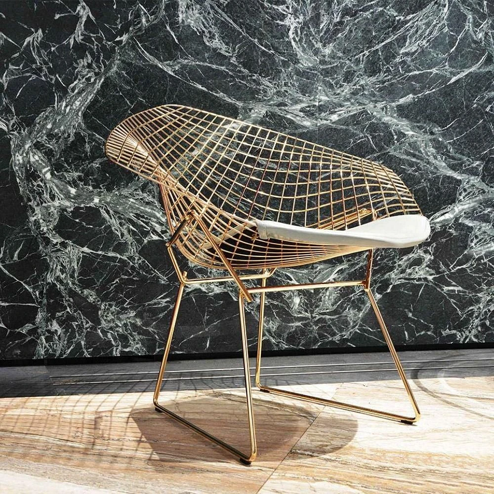 Bertoia Style Metal Lounge Chair with pad included, Livingroom Lounge Chair Metal Shinny