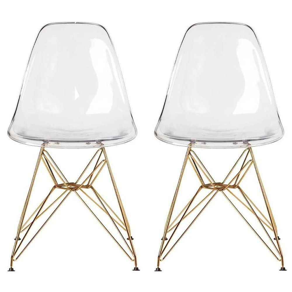 Eiffel Style Acrylic seat with gold legs, modern side Chair, Dining Chair clear set 2