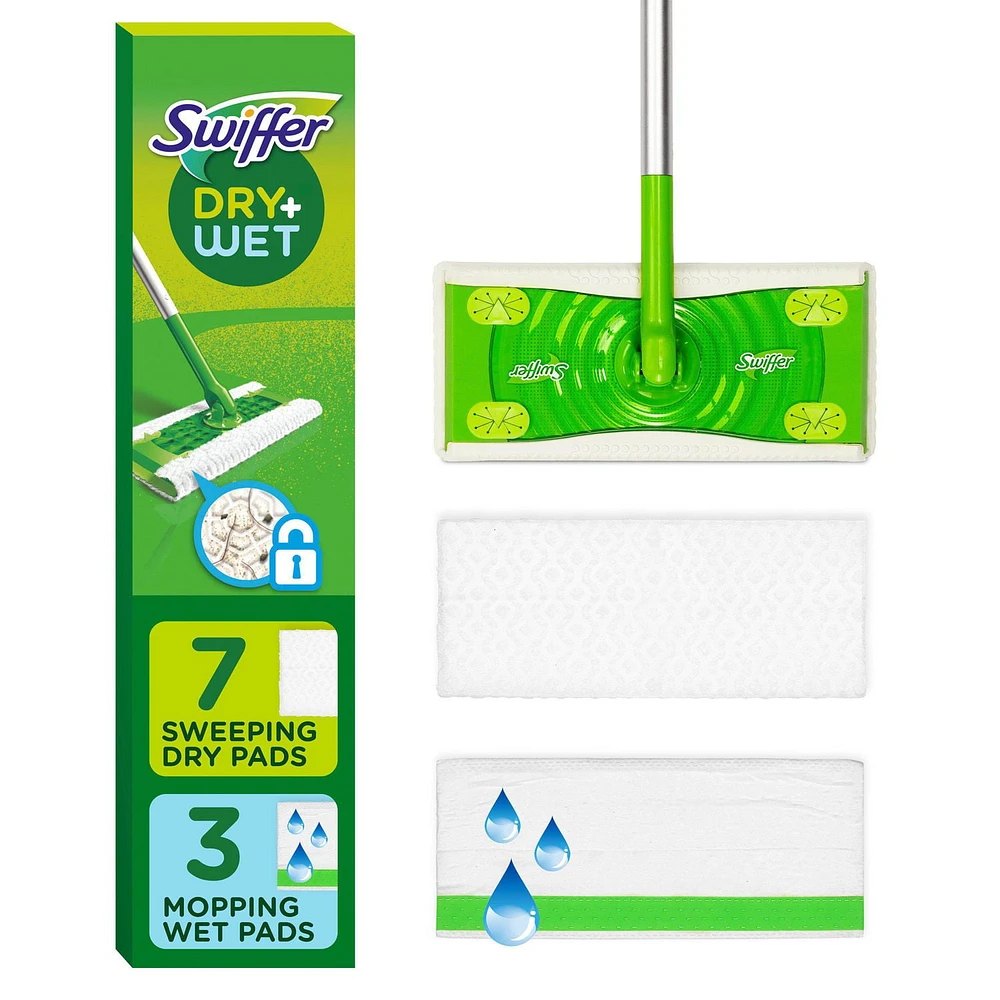 Swiffer Sweeper 2-in-1 Dry + Wet Floor Mopping and Sweeping Kit, Multi-Surface Kit for Floor Cleaning, Kit Includes 1 Sweeper, 7 Dry Sweeping Cloths, 3 Wet Mopping Cloths, 1KIT