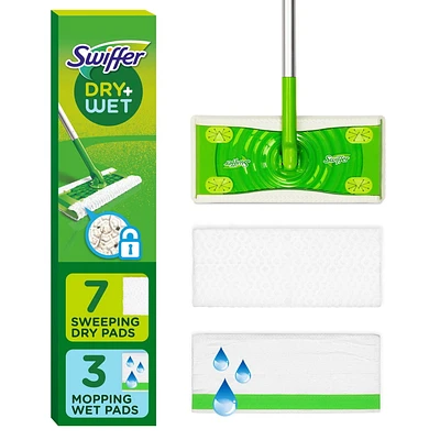 Swiffer Sweeper 2-in-1 Dry + Wet Floor Mopping and Sweeping Kit, Multi-Surface Kit for Floor Cleaning, Kit Includes 1 Sweeper, 7 Dry Sweeping Cloths, 3 Wet Mopping Cloths, 1KIT