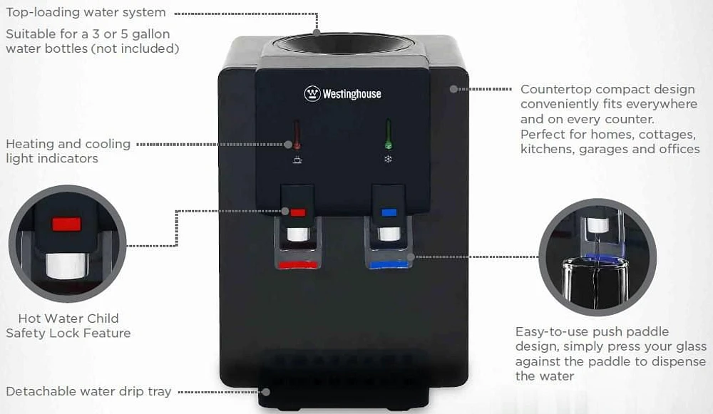 Westinghouse Countertop Top-Loading Water Dispenser, Easy-to-Use Dispensing Paddles