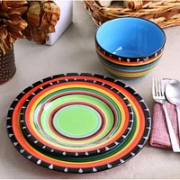 Gibson Elite Hand Painted New Pueblo 12 Piece Stoneware Dinnerware Set, Multi-Colour