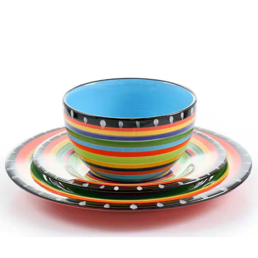 Gibson Elite Hand Painted New Pueblo 12 Piece Stoneware Dinnerware Set, Multi-Colour