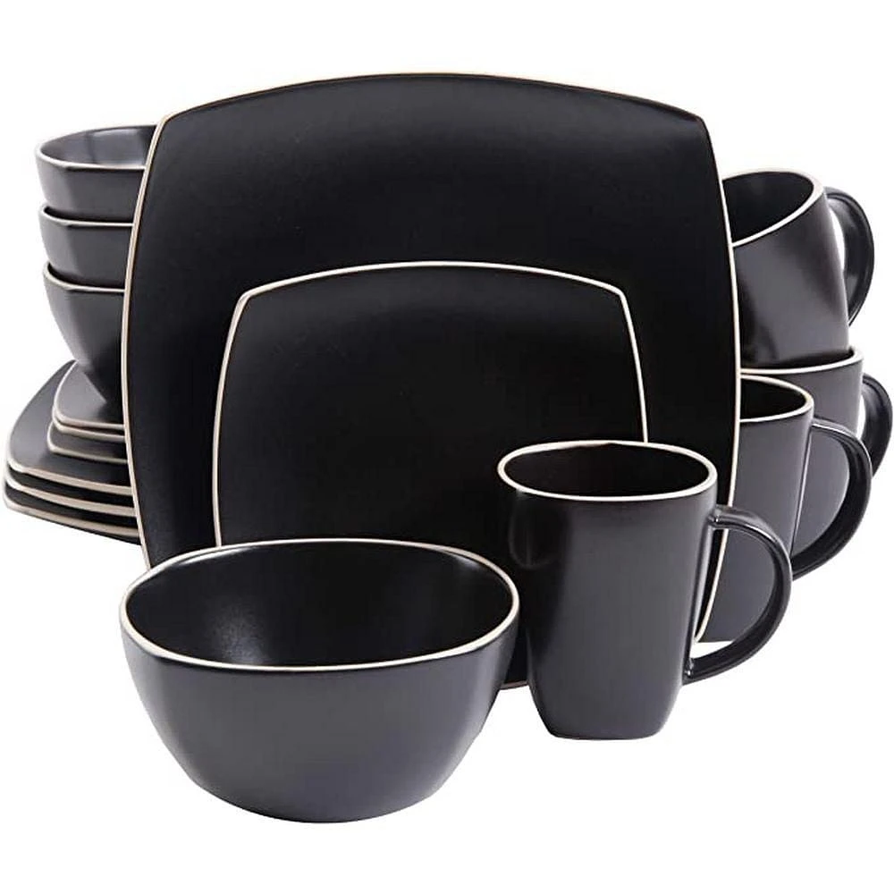 Gibson Elite Soho Lounge Square 16 Piece Stoneware Dinnerware Set, Black