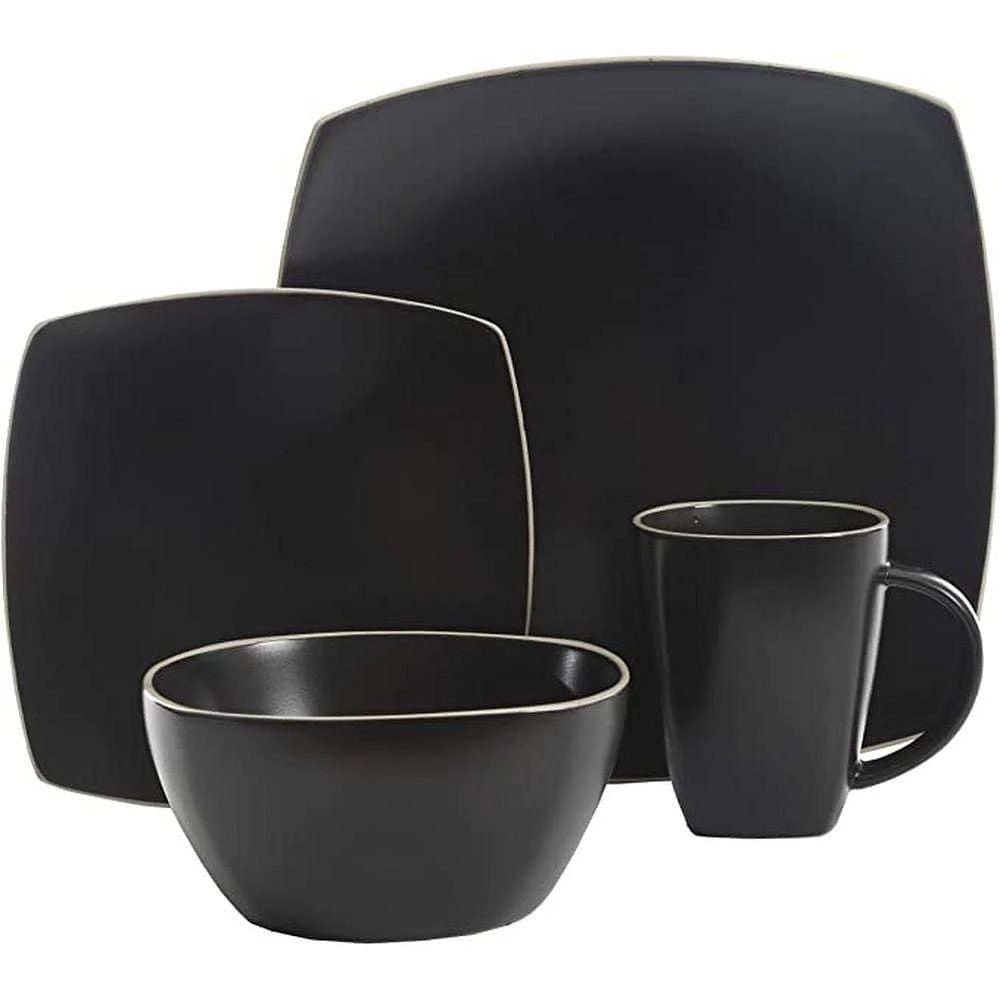 Gibson Elite Soho Lounge Square 16 Piece Stoneware Dinnerware Set, Black