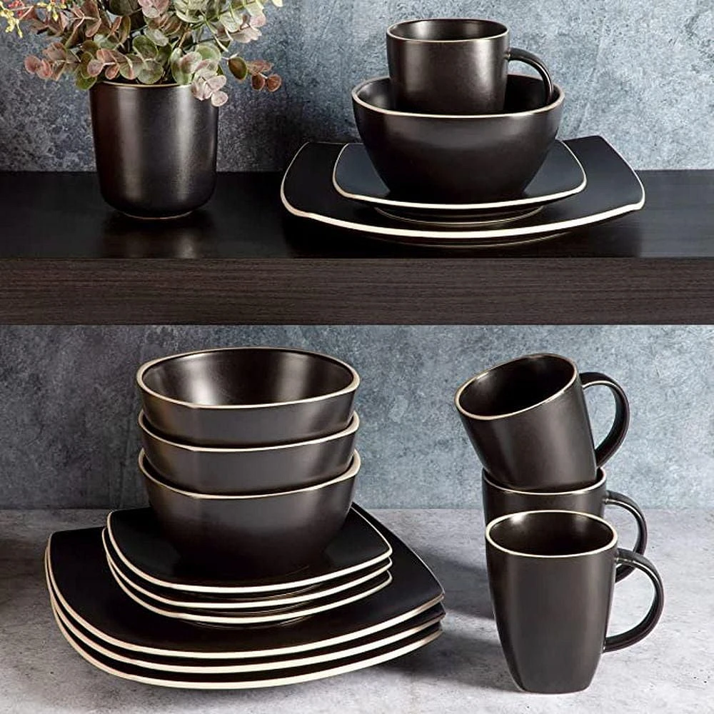 Gibson Elite Soho Lounge Square 16 Piece Stoneware Dinnerware Set, Black