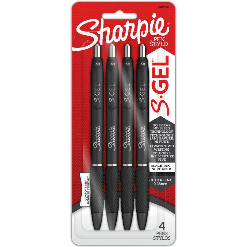 Sharpie S-Gel, Gel Pens, Ultra Fine Point (0.38mm), Black Ink Gel Pen, 4 Count, Gel pen with no smear, no bleed technology