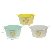 IH Casa Decor Embossed Daisy Metal Round Planter With Handle Asstd - Set of 3