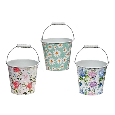 IH Casa Decor Floral Metal Round Planter With Handle Asstd - Set of 3