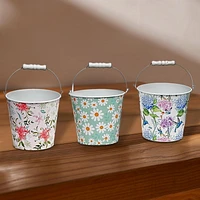 IH Casa Decor Floral Metal Round Planter With Handle Asstd - Set of 3