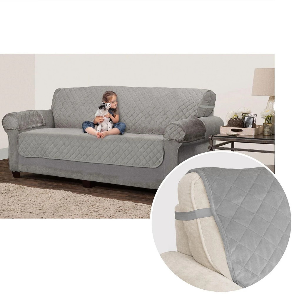 SmartFit Plush 3-Piece Sofa Furniture Cover, Grey, With Arm Covers