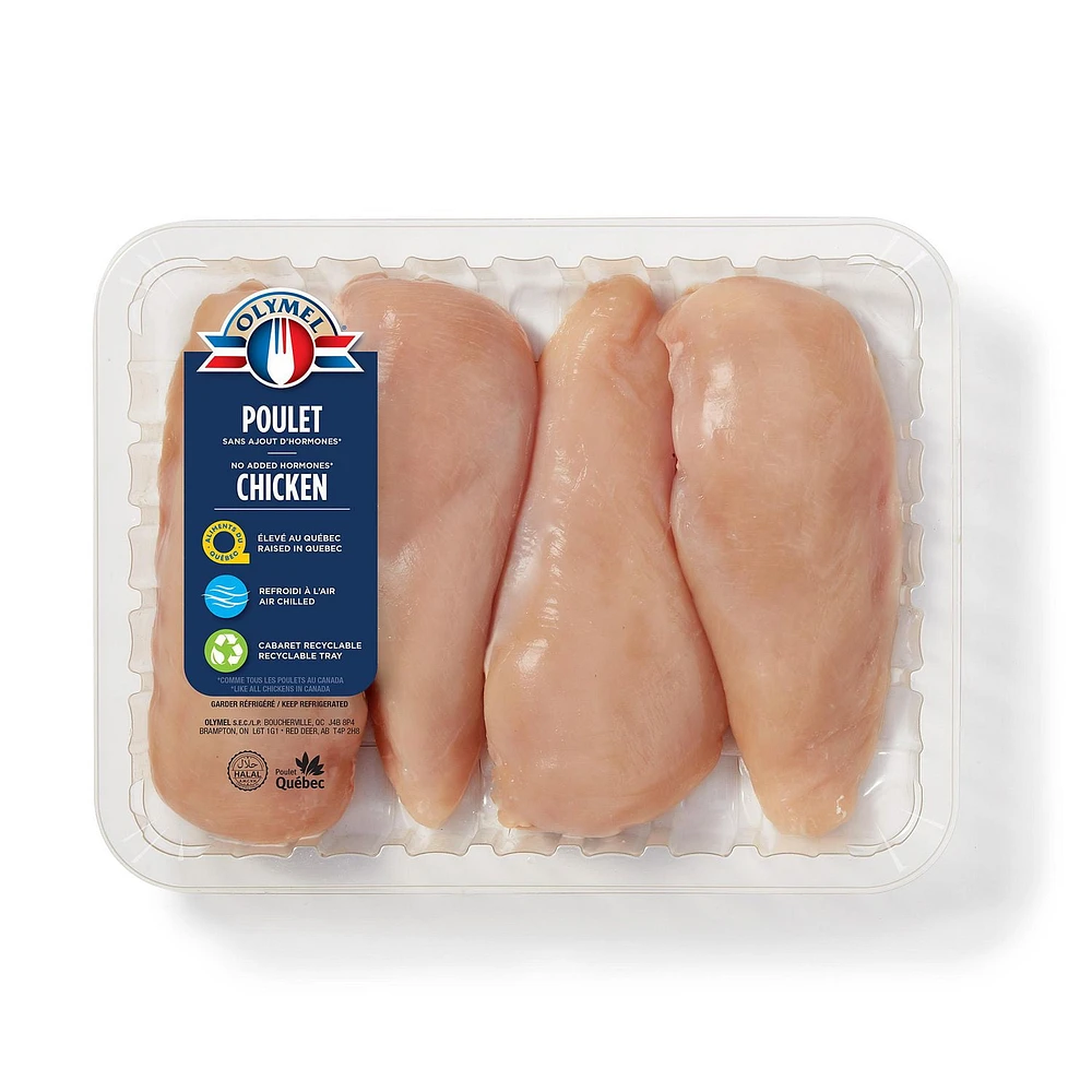 Boneless chicken breasts, 4 breast per tray, 0.75 - 1.00 kg