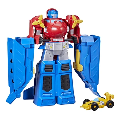 Transformers, Optimus Prime Jumbo Jet de course avec figurine Bumblebee voiture de course de 11 cm, jouets convertibles, dès 3 ans, 38 cm