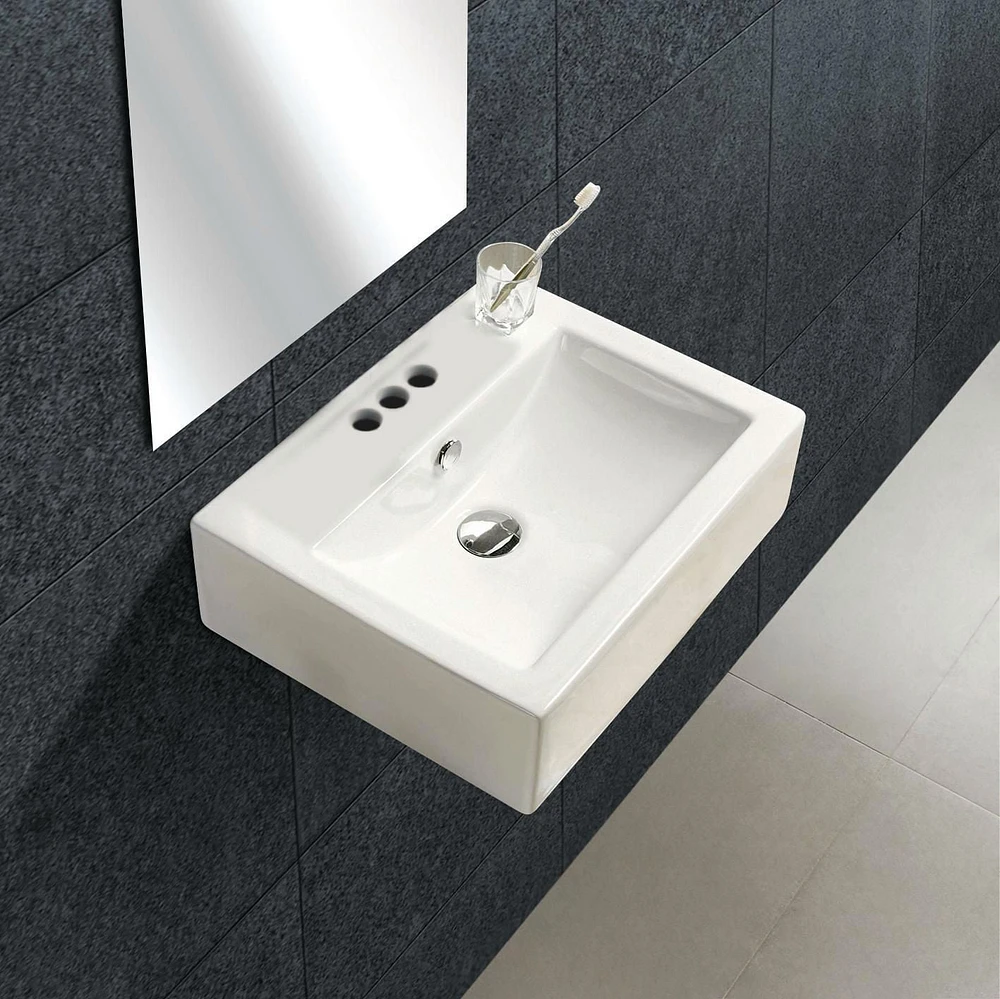 American Imaginations -in. W Wall Mount White Bathroom Vessel Sink Set For 3H4-in. Center Faucet AI